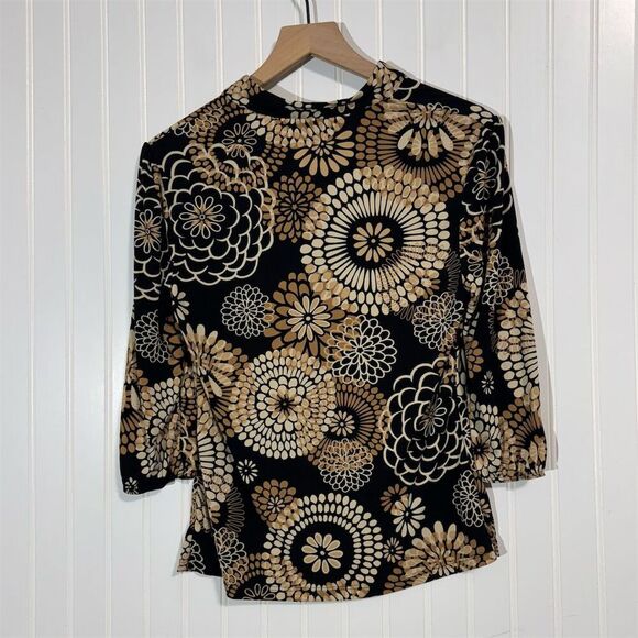 Perseption Concept Blouse M Retro Floral Print Black Tan Button Top Y2K VTG - Picture 3 of 7